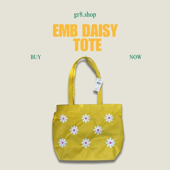 Yellow Embroidered Daisy Tote Bag With Matching Pouch - Picture 1 of 5
